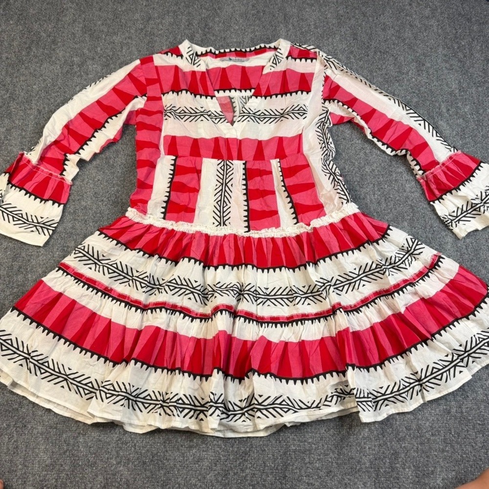 Bindu‎ Geometric Tribal Mini Dress Womens Small Pink Red Ruffle Tiered Cotton